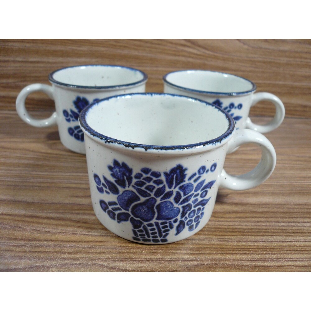 Set of 3 Midwinter Country Blue Fruit Basket Flat Coffee Mugs Tea Cups